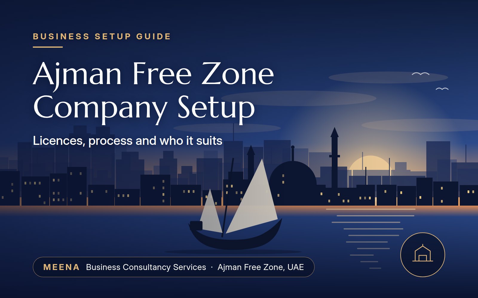 Illustrated Ajman skyline at sunset with a mosque and a traditional dhow, titled Ajman Free Zone Company Setup