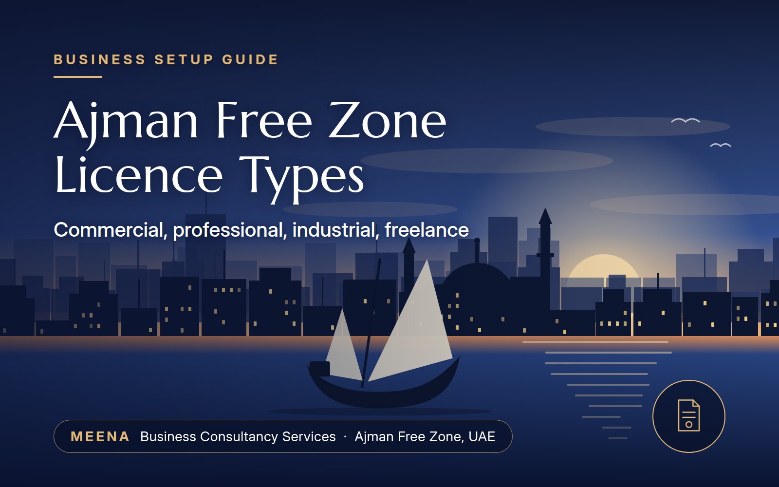 Illustrated Ajman skyline at sunset with a dhow, titled Ajman Free Zone Licence Types
