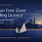 Illustrated Ajman skyline at sunset with a dhow, titled Ajman Free Zone Trading Licence
