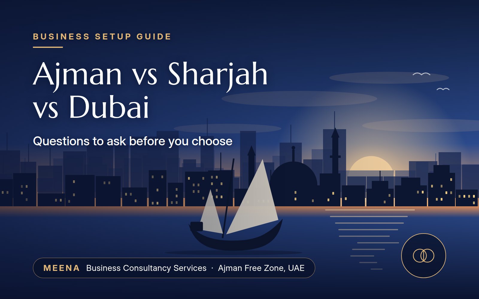 Illustrated UAE skyline at sunset with a dhow, titled Ajman vs Sharjah vs Dubai free zones