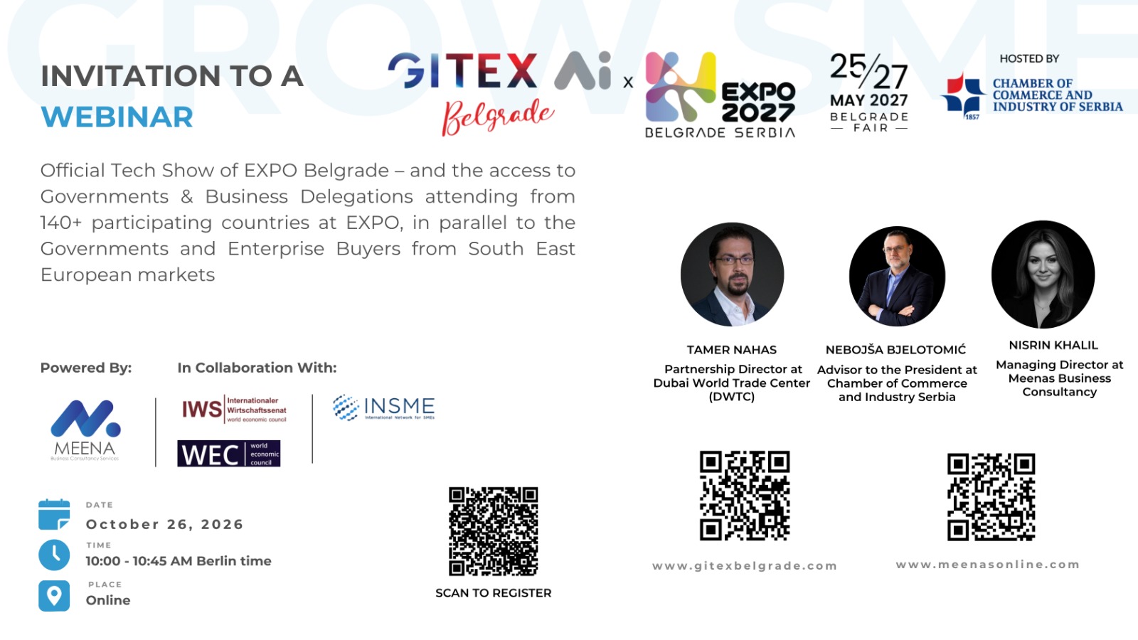 Webinar invitation: GITEX AI Belgrade 2027, 26 October 2026, 10:00 to 10:45 Berlin time, online, powered by Meena Business Consultancy Services