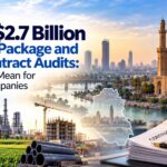 Iraq's $2.7 billion growth package and new contract audits: what they mean for foreign companies, with Baghdad skyline, Iraqi flag, industry and a contract under a magnifying glass