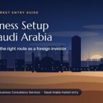 Banner titled Business Setup in Saudi Arabia with a Riyadh-style skyline at sunset