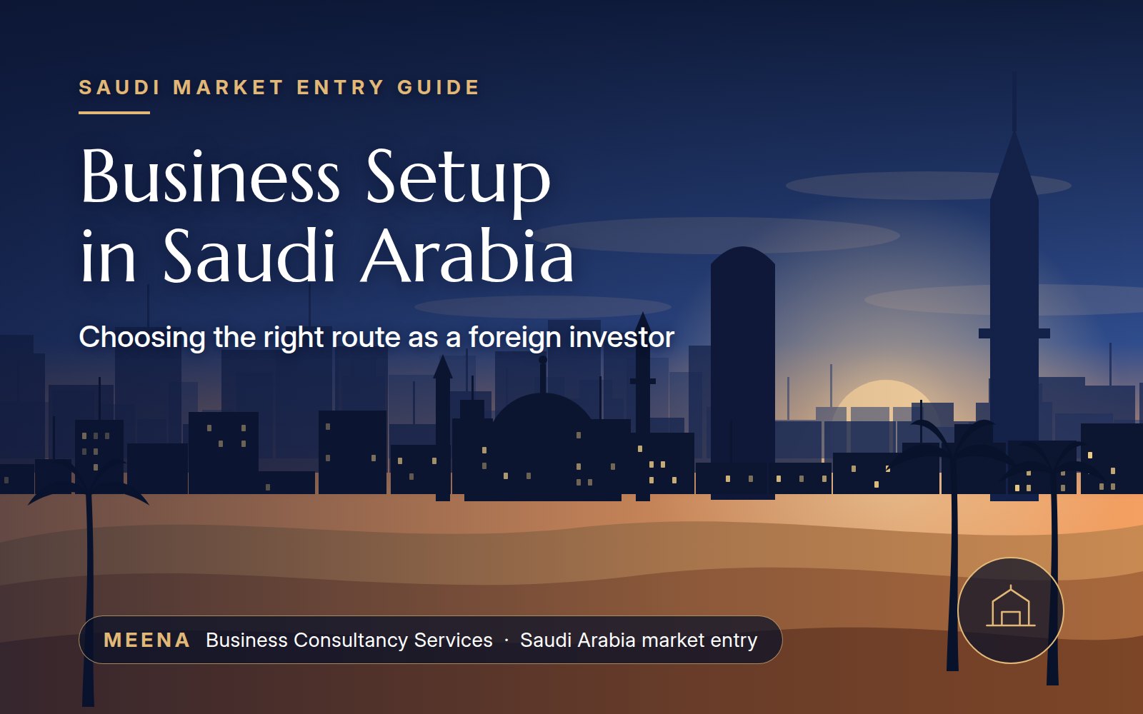 Banner titled Business Setup in Saudi Arabia with a Riyadh-style skyline at sunset
