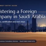 Banner titled Registering a Foreign Company in Saudi Arabia with a Riyadh-style skyline at sunset
